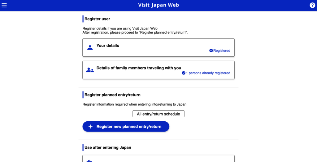 Pantalla de usuario Visit Japan Web